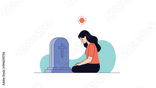 Sad woman in black pants and an orange shirt kneeling and crying in front of a tombstone with a cross at a cemetery.