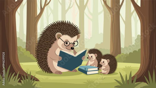 Large hedgehog wearing glasses sitting in a forest and reading a blue book to two attentive young hedgehog children.