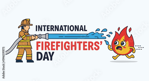 Firefighter cartoon character illustration in playful colorful style with blue water stream and flame for International Firefighters Day