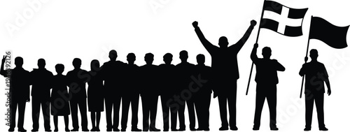 Silhouette of a crowd of people holding flags and raising hands in protest or celebration demonstration