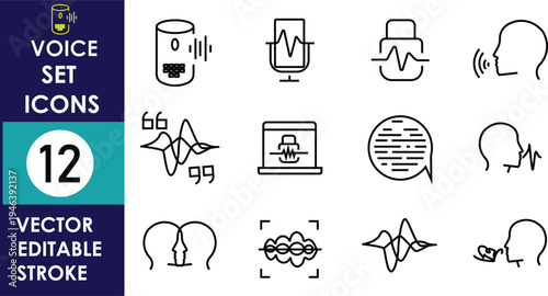 Minimal voice set icons collection featuring microphone, sound wave, speech bubble, headset, podcast, recording, audio settings, communication symbols in clean editable vector outline style