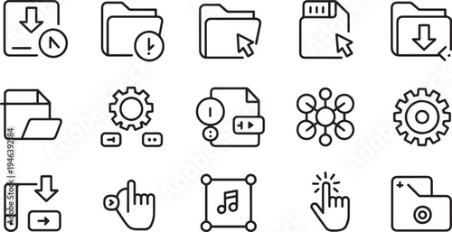 Collection of black line art icons representing various digital concepts and actions on a clean white background