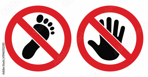 No Step and Do Not Touch Sign Set, Prohibited Hand and No Barefoot Symbols, Stop and Ban Labels, Safety and Restriction Vector Icons, Workplace and Public Area Warning Illustrations.
