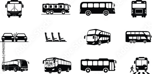 black and white silhouettes of various buses and cars on white background