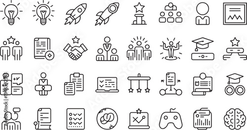 Collection of business and education related line icons representing concepts like startup teamwork success and learning