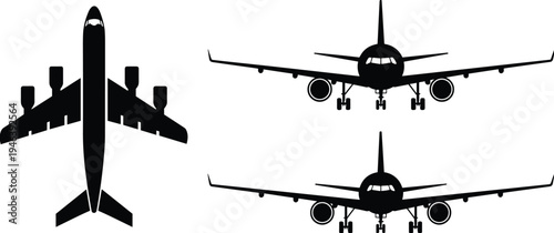 Passenger airplane silhouettes set, commercial jet aircraft collection, aviation transport plane icons, modern air travel illustration