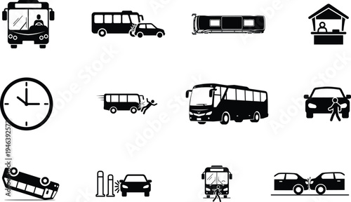 black and white silhouettes of various vehicles and road signs on a white background