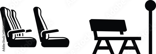 Black silhouettes of airplane seats and wooden chair with lamp