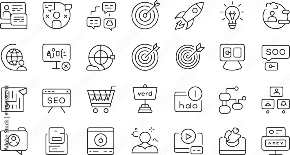 Fototapeta premium Collection of business strategy and digital marketing icons illustrating concepts like goals and growth