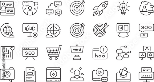Collection of business strategy and digital marketing icons illustrating concepts like goals and growth