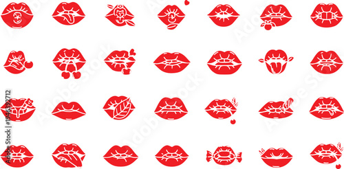 Red Lips Icon Set with Cherries and Candy Elements