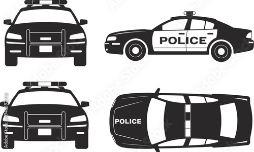 Police car silhouettes set, law enforcement vehicle collection, patrol car icons, emergency response transport, security service automobile illustration