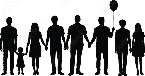 Silhouette of a Diverse Group of People Holding Hands with a Balloon on White family
