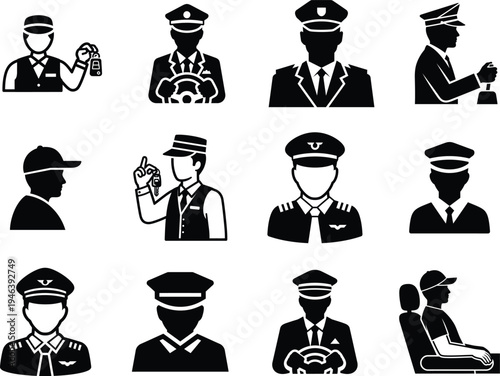 Collection of various pilot and driver silhouettes and icons in different poses