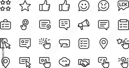 Collection of clean outline icons representing various user interface elements and feedback symbols for digital applications