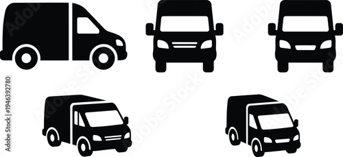Five black silhouettes of delivery vans in different angles and positions