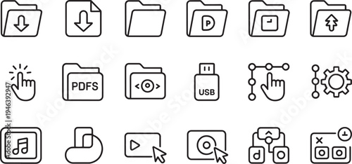 Collection of digital interface icons representing folders files downloads uploads and user interaction elements isolated on transparent background