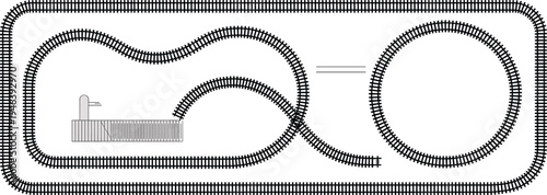 Railway track layout diagram set, train rail route design, model railroad map illustration, transportation infrastructure concept