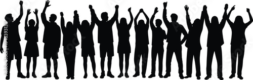 Silhouette of a large group of people with arms raised in celebration or excitement vector illustration