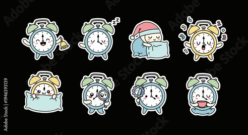Playful kawaii alarm clock sticker set vector collection showcasing diverse and amusing cartoon timepieces in different expressions, ideal for svg art