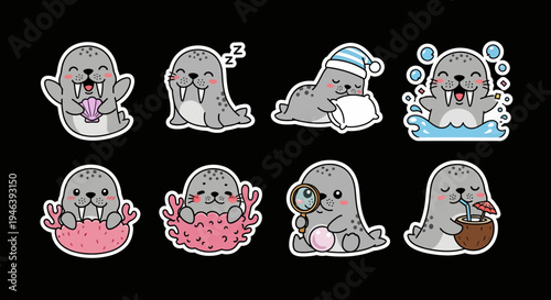Cute kawaii seal and walrus character vector sticker set, featuring adorable marine animal svg illustrations, perfect for playful digital projects