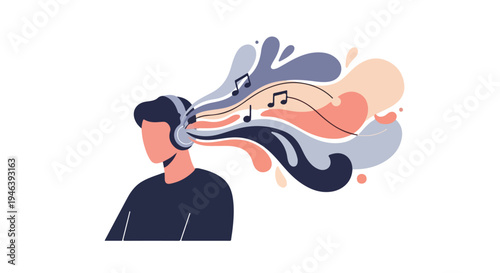 Flat vector illustration of a person listening to music with headphones, featuring abstract shapes and flowing elements in a modern minimalist design with a simple color palette on a white background.