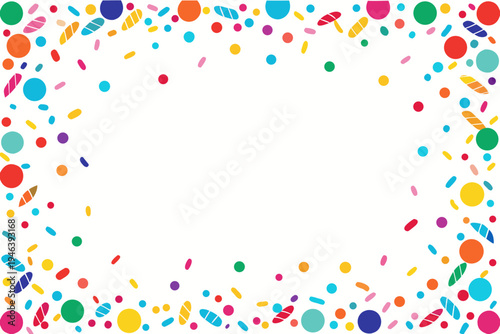 Cheerful vector graphic illustration featuring a delightful frame of scattered colorful candy sprinkles and confetti dots on a clean white background.