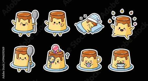 Delightful kawaii sticker set expressive custard pudding characters for digital designs, presented as scalable SVG vector graphics