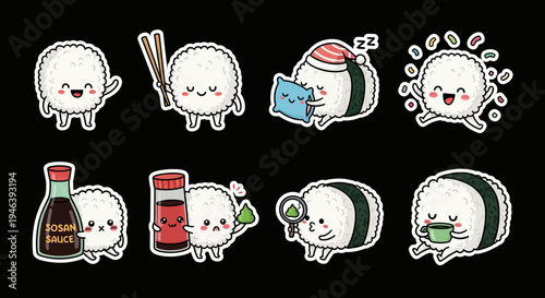 Adorable kawaii sticker set expressive rice ball and sushi characters. Versatile vector collection, perfect for digital designs, available as SVG graphics