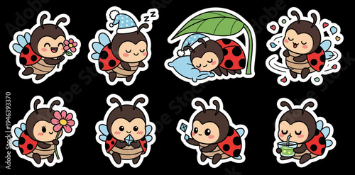 This adorable kawaii ladybug sticker set, a charming vector and svg collection, features cute insect characters perfect for children's crafts