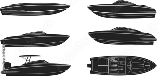 Speed boat silhouettes set, luxury motorboat collection, marine watercraft icons, modern recreational boating vehicle illustration
