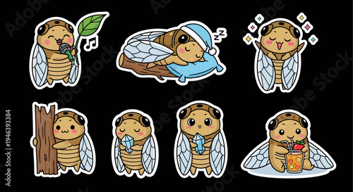 Discover this delightful kawaii sticker set featuring charming vector SVG illustrations of cute cicadas enjoying various happy activities and playful moments, perfect for your creative projects