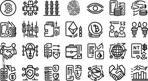 Collection of diverse business and finance related line icons representing cryptocurrency and digital transactions