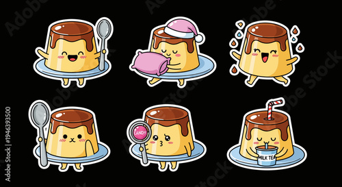 Charming kawaii pudding sticker set, featuring delightful character expressions and versatile designs, a cheerful svg vector collection for digital creators seeking adorable assets