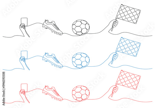 Continuous line drawing of soccer equipment football boot ball and referee flag set