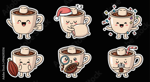 Playful kawaii hot cocoa sticker set vector illustration, featuring cute beverage mugs with marshmallow characters, ideal SVG graphic elements