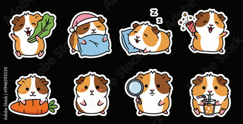Adorable kawaii guinea hamster vector sticker set. Charming small pets in diverse playful poses and daily activities. Cute animal svg illustrations
