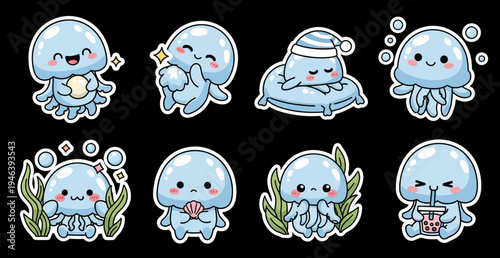 Kawaii Jellyfish Sticker Set Vector SVG Collection featuring Adorable Ocean Creatures in Various Poses – Cute Marine Life Graphic Elements for Digital Projects