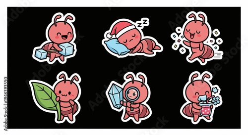 Playful ant characters a charming kawaii sticker set of animated insects in various poses, perfect vector svg graphics for fun designs and creative projects