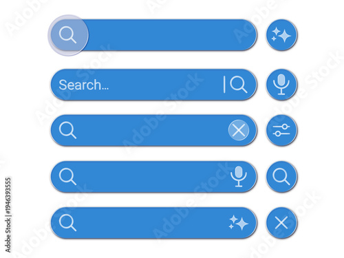 Blue Search Bar UI Kit with AI Search, Voice Input, Filter and Clear Icons, Soft glass style Vector Set