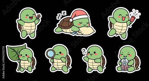 Kawaii turtle sticker set vector SVG, showcasing adorable reptiles in diverse playful activities like sleeping, eating, and exploring, ideal for fun digital designs