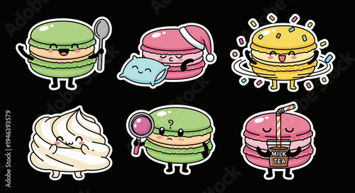 Adorable Kawaii Macaron Sticker Set SVG Vector Art – Sweet Dessert Pastry Collection with Expressive Faces and Playful Themed Elements for Designs