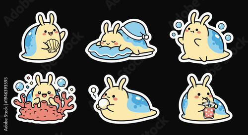 Kawaii sea slug vector characters in a delightful sticker set. Adorable mollusk illustrations, versatile SVG graphics for digital design projects