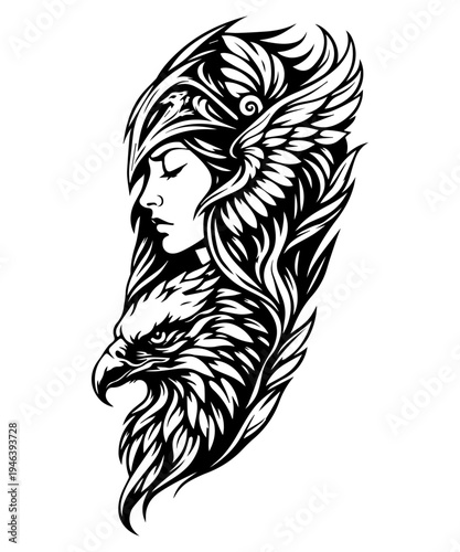 Viking warrior woman with helmet detailed line art vector illustration