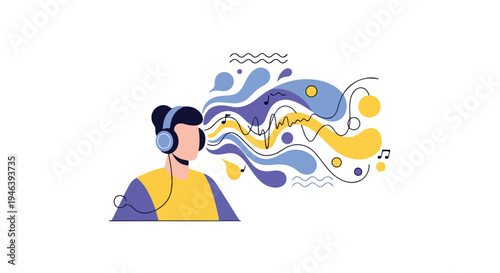 Flat vector illustration of a person listening to music with headphones, abstract shapes and flowing elements, modern minimalist design, simple color palette, white background