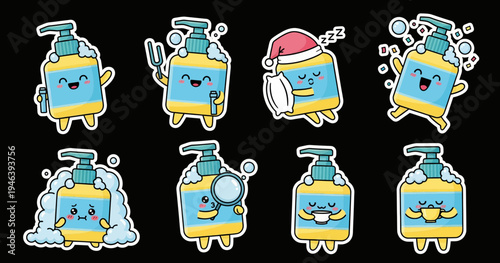Cute kawaii soap bottle sticker set vector with diverse liquid dispenser characters, perfect for playful hygiene and self-care SVG designs