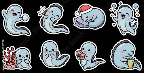 Adorable kawaii sticker set vector of cute eel characters. This versatile SVG graphic collection shows playful moods for various designs