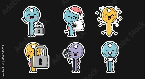 Adorable kawaii key characters sticker set, perfect for digital designs, presented as vector SVG illustrations with diverse happy and sleepy poses, offering a charming and playful asset