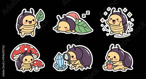 Delightful kawaii beetle sticker set featuring charming bug characters in various playful poses, an editable SVG vector collection for creative projects