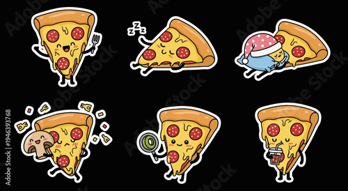 Cute kawaii pizza sticker set, funny cartoon slices in various moods and actions. Versatile svg vector collection for fun creative design projects